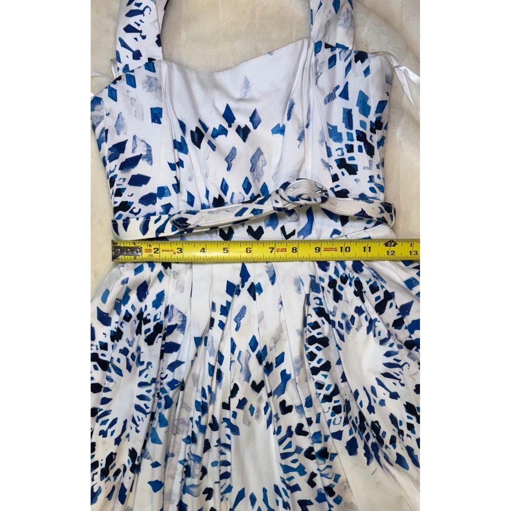 WHBM dress Blue White Geometric Diamond Print Halter Fit & Flare Sunburst Belted - Picture 7 of 11